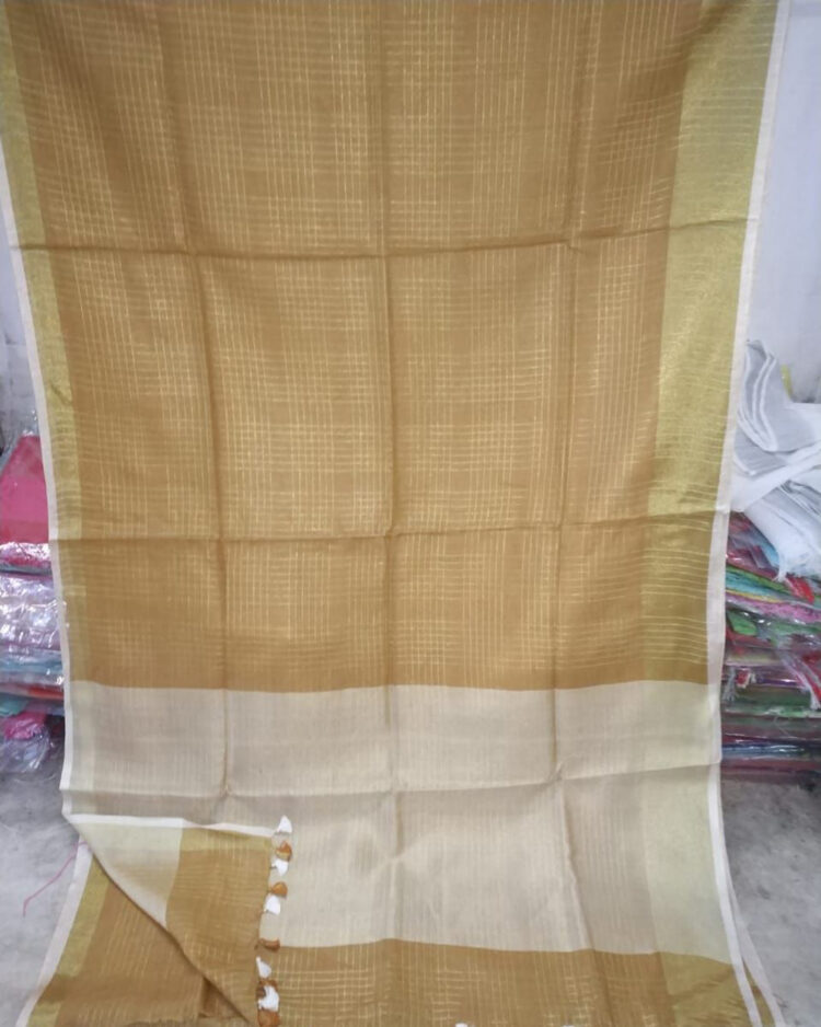 Brown Plain Linen Saree Checked with Golden Border