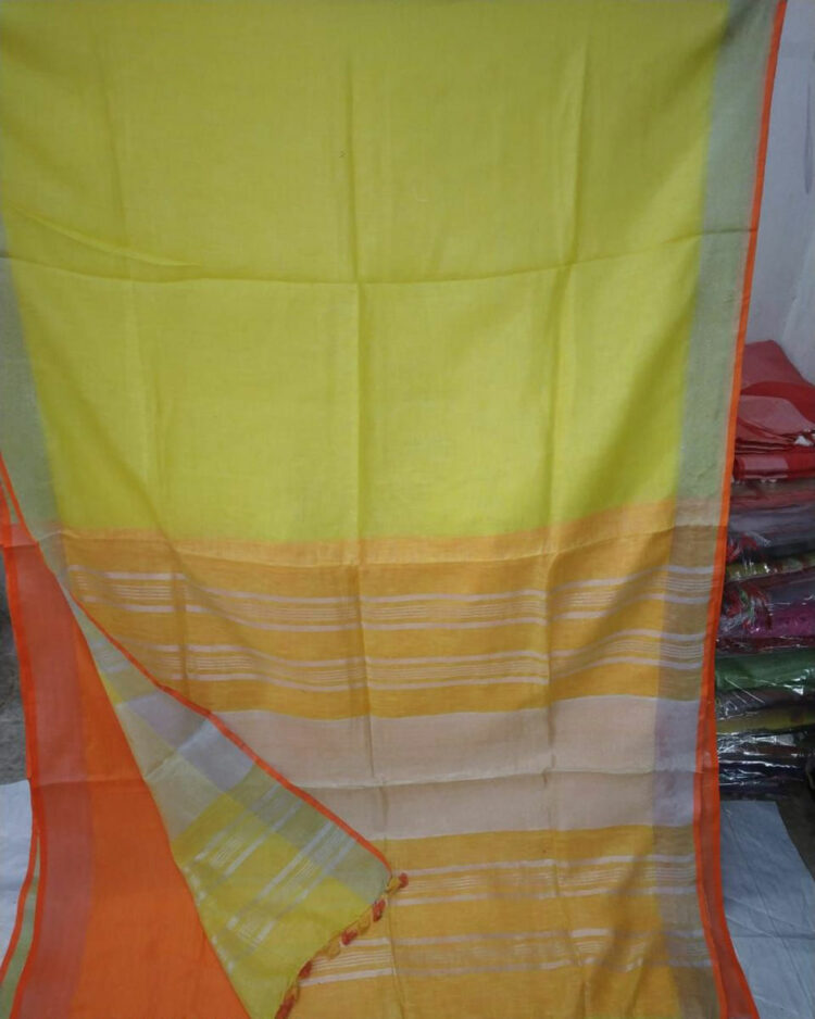 Light Yellow plain Linen Saree with Silver Border