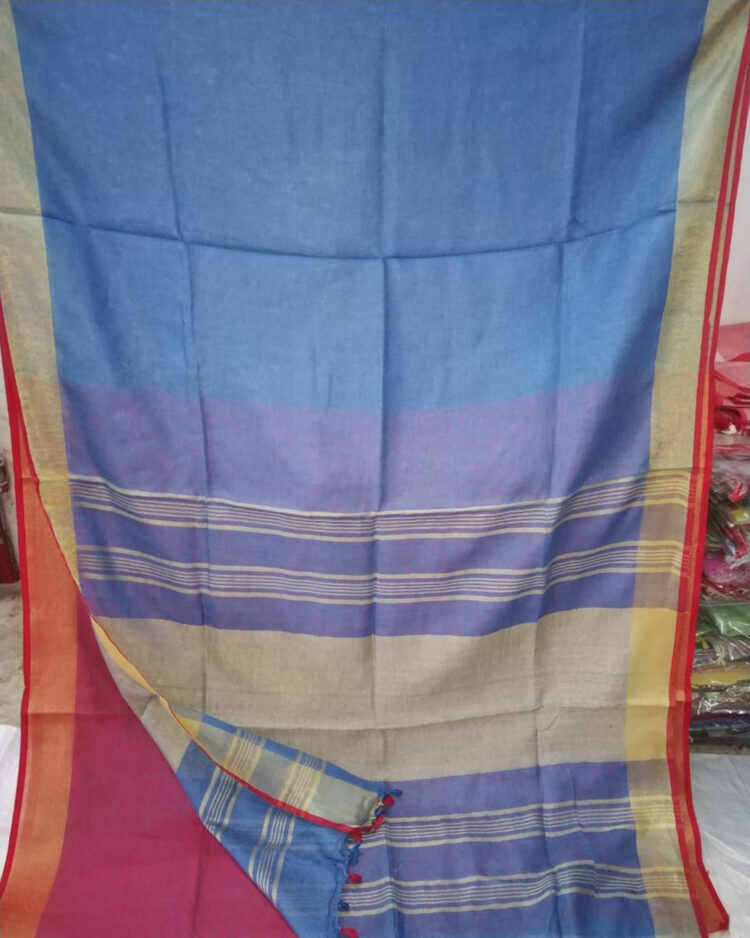 Blue Plain Linen Saree