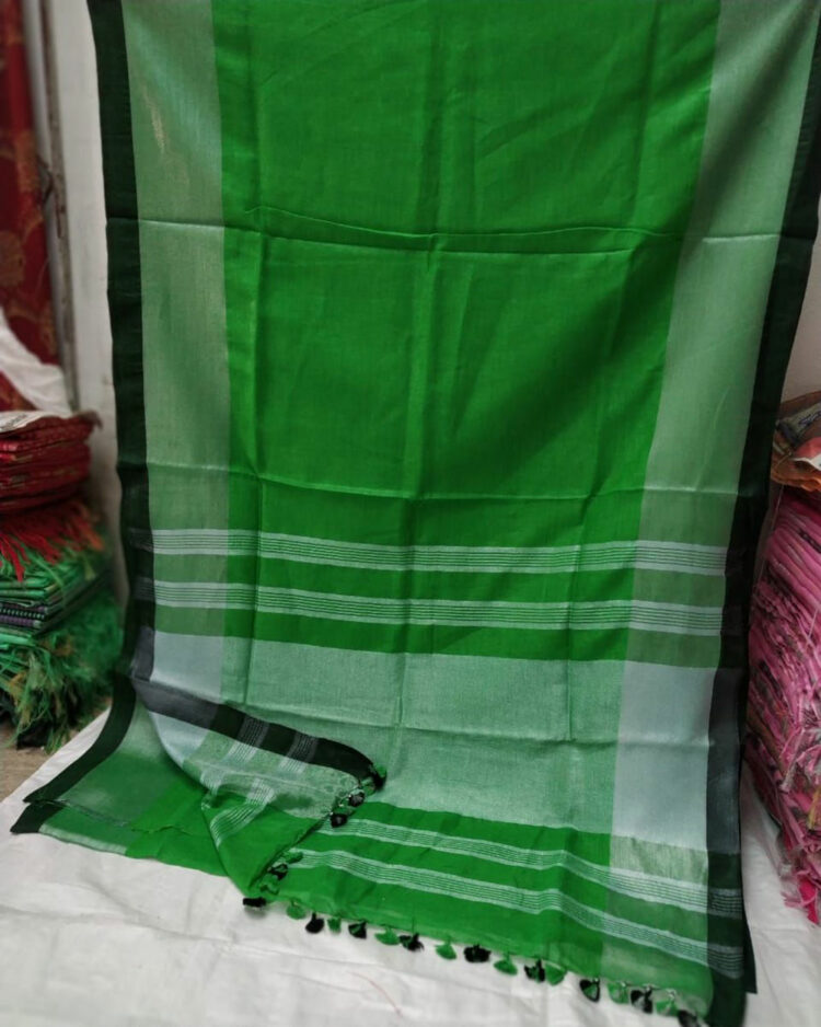 Leaf Green Plain Linen Saree with Silver and Black Border