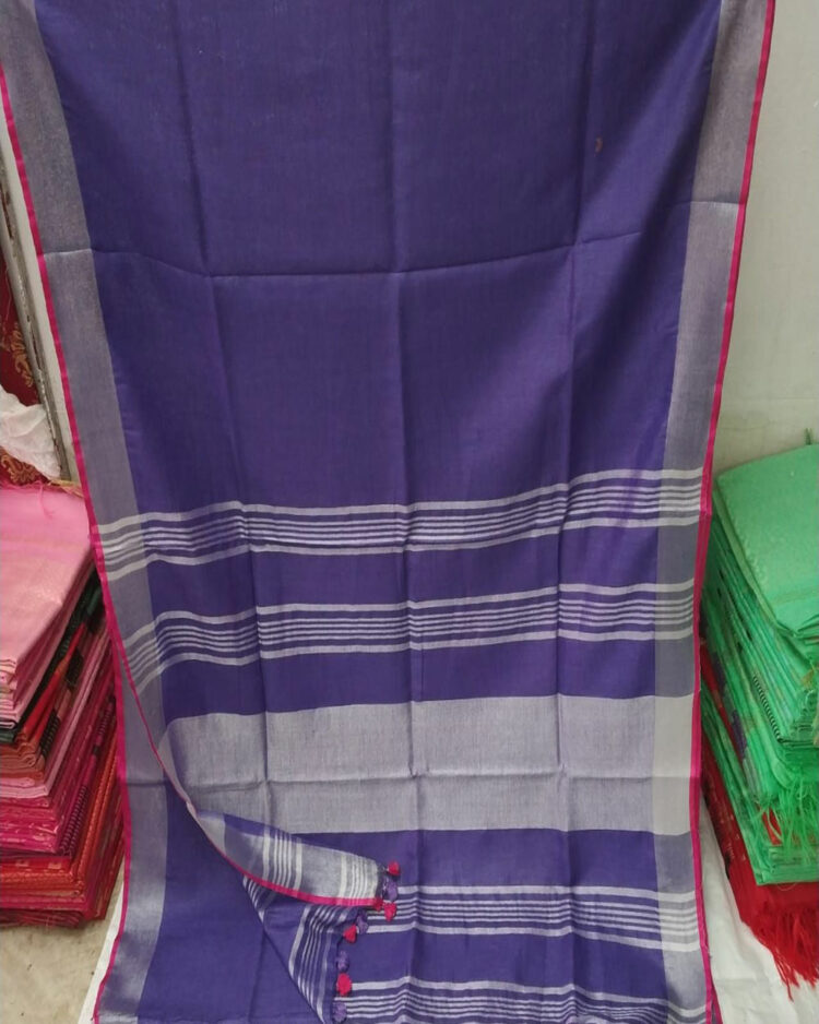 Purple Plain Linen Saree with Silver and Pink Border