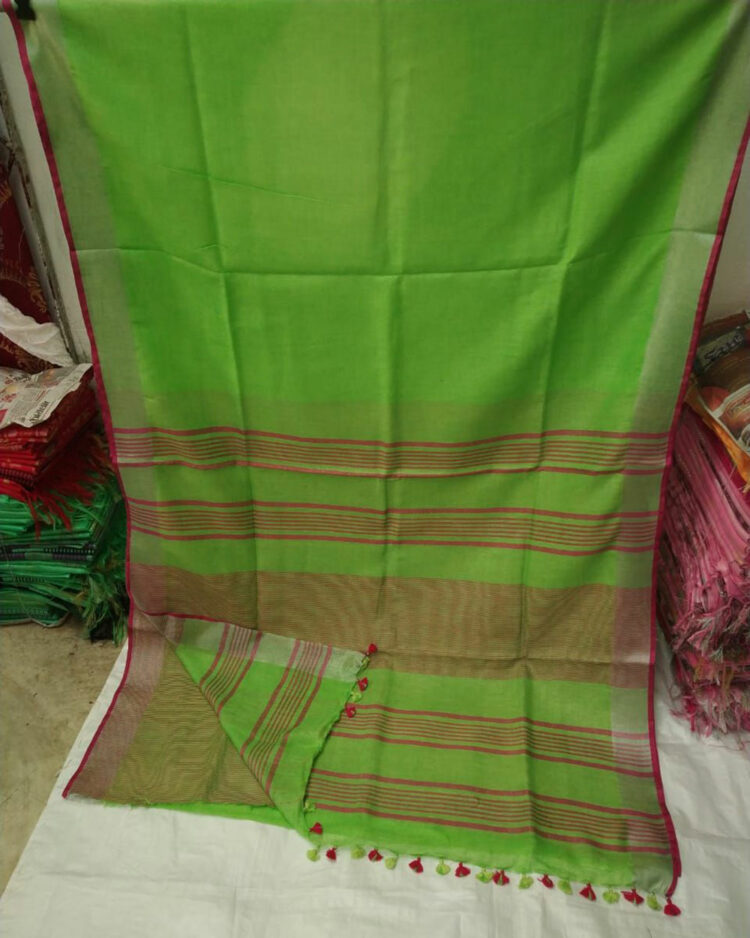 Parrot Green Plain Linen Saree