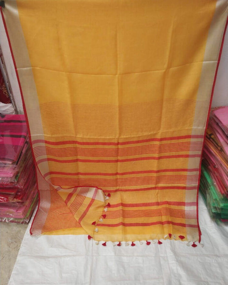 Golden Yellow plain Linen Saree