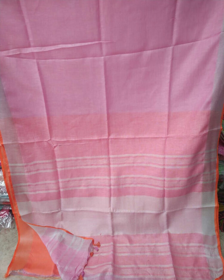 Pink Plain Linen Saree with Silver Border and Orange contrast Blouse