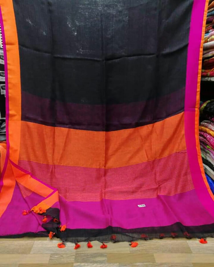 Black Plain Linen Saree with Orange and Pink Border and contrast Pink Blouse