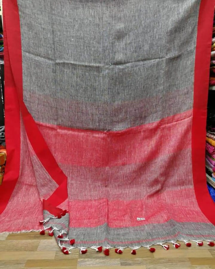 Slate Grey Linen Saree with Red Border and contrast Red Blouse