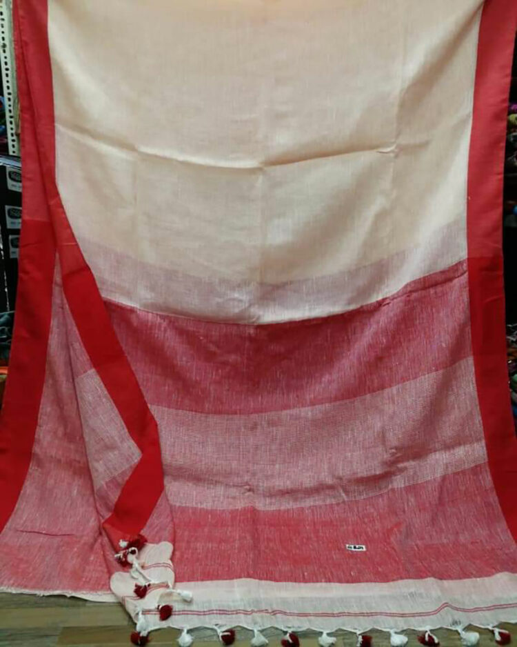 Off White With Red Border and contrast Red Blouse plain Linen Saree