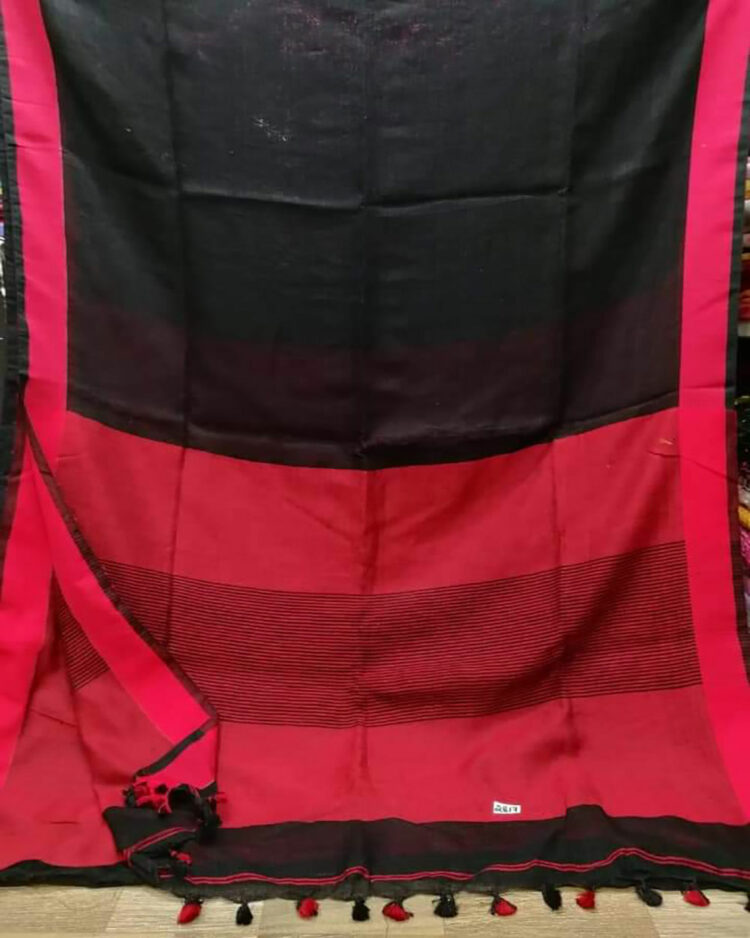 Black with Pink Border and Contrast Blouse Plain Linen Saree