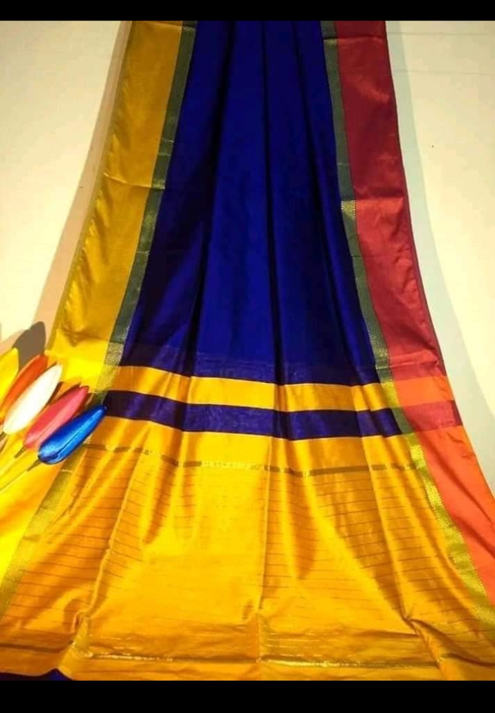 Blue with Orange and Yellow Border Maheshwari Cotton Silk Saree - Loomfolks