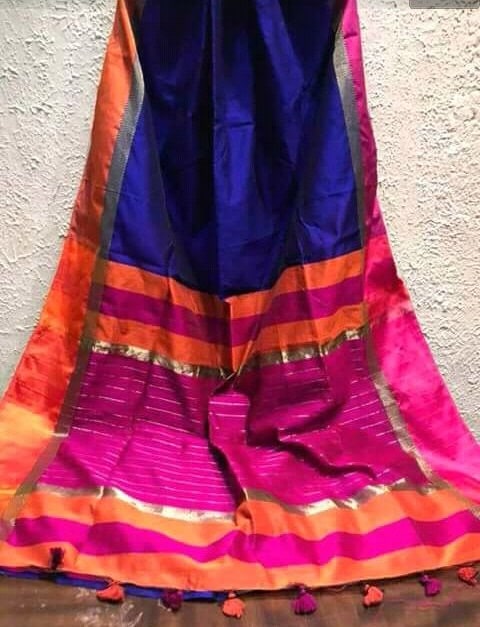 Blue with Pink and Orange Border Maheshwari Silk Cotton Saree
