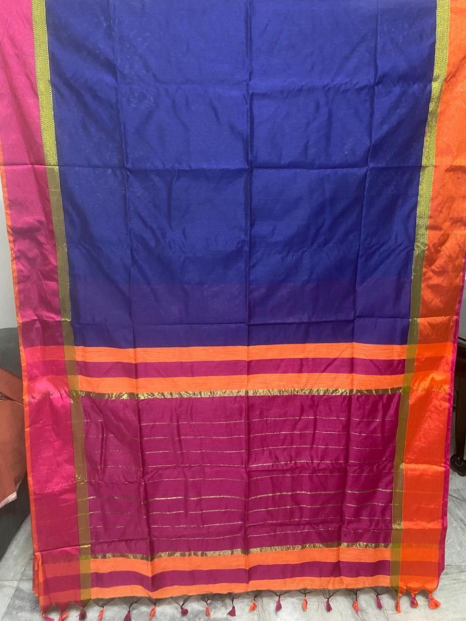 Blue with Pink and Orange Border Maheshwari Silk Cotton Saree777