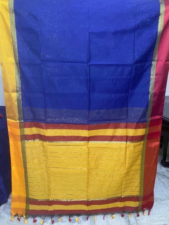 Blue with Red and Yellow Border Maheshwari Cotton Silk Saree