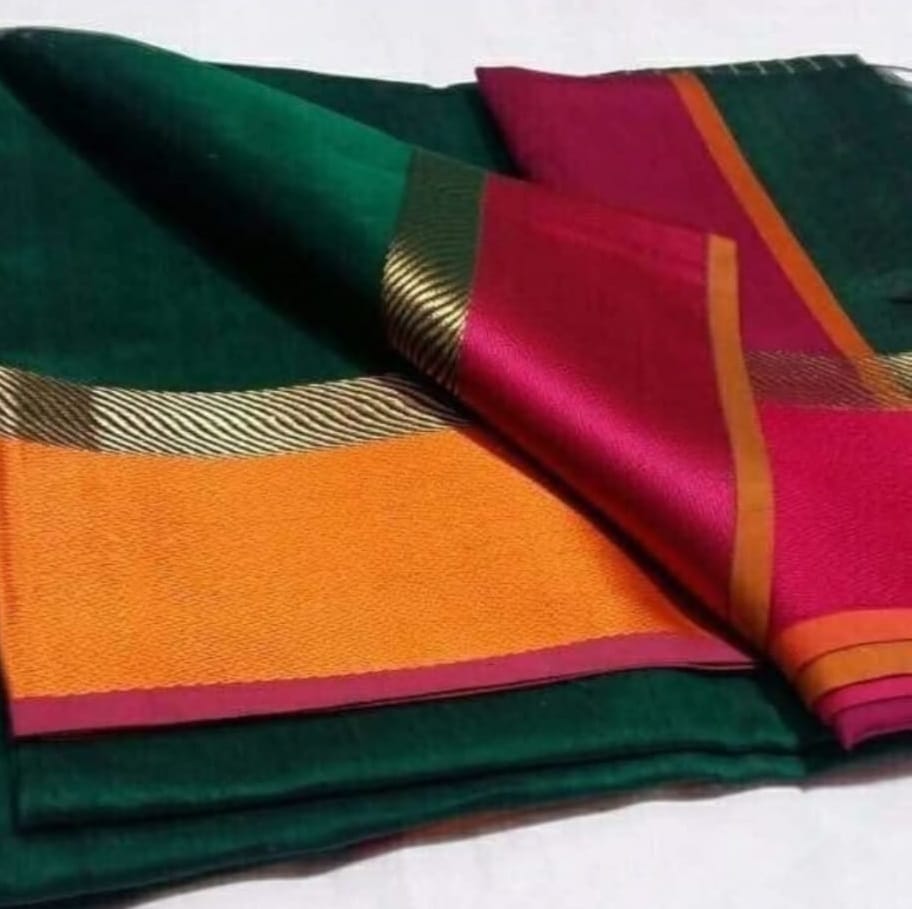 Green with Pink and Orange Border Maheshwari Cotton Silk Saree