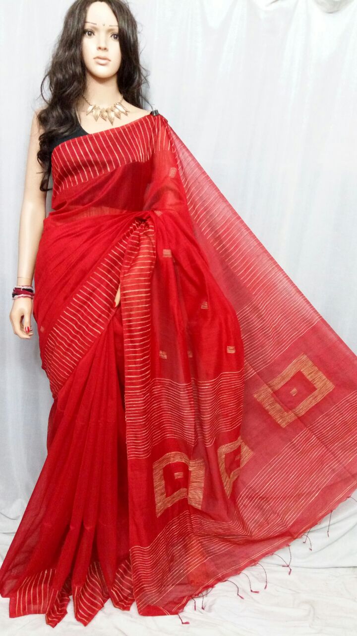 Red Cotton Silk Saree with Box Design Pallu - Loomfolks