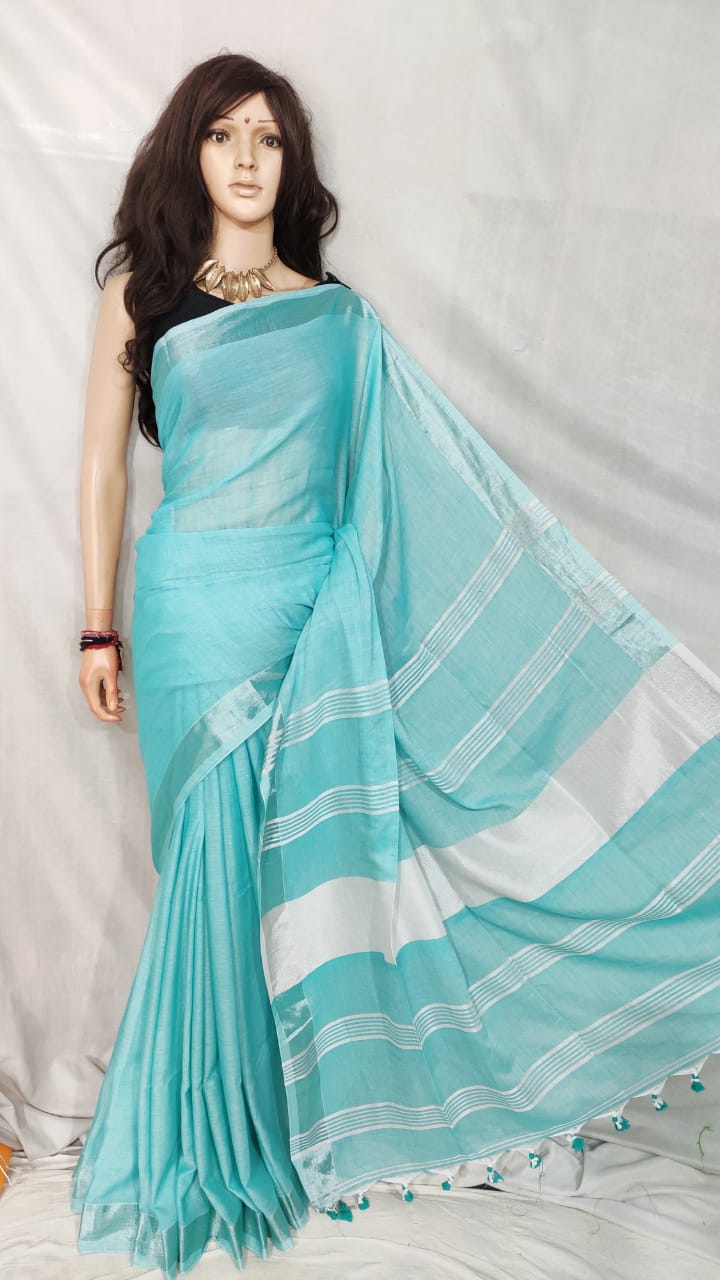Sky Blue Plain Cotton Saree with Blouse - Loomfolks