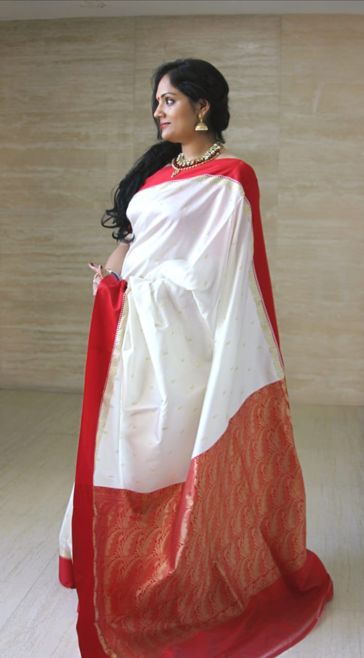 Red and White Garad Silk Saree with golden Butti - Loomfolks