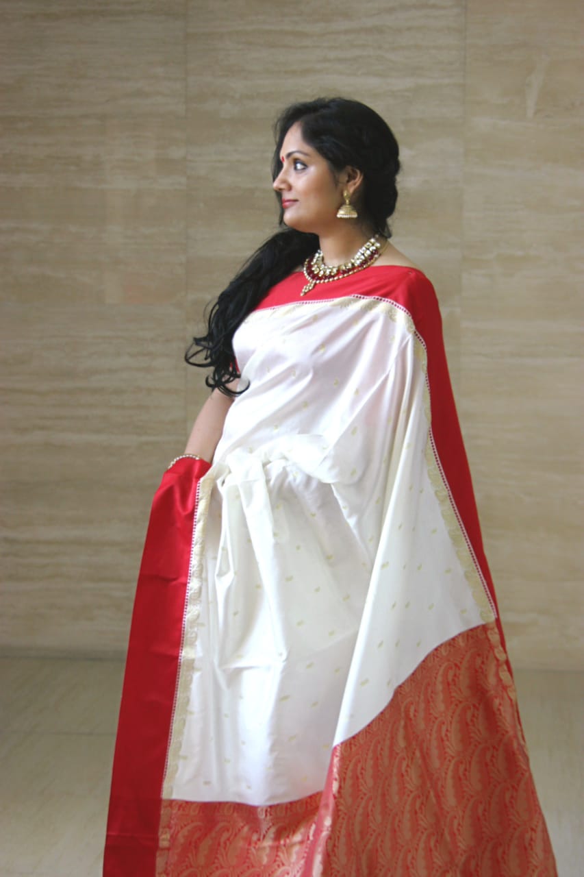 Red and White Garad Silk Saree with golden Butti - Loomfolks