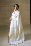 Red and White Handloom plain Linen Saree