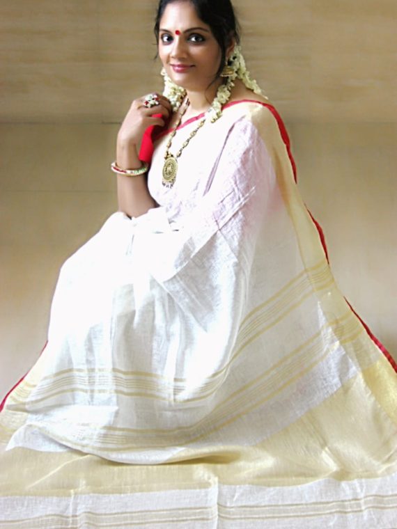 Red and White Handloom plain Linen Saree With Zari Border