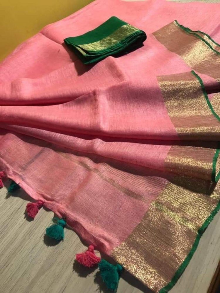 Pink handwoven Linen Saree with Golden Zari Border