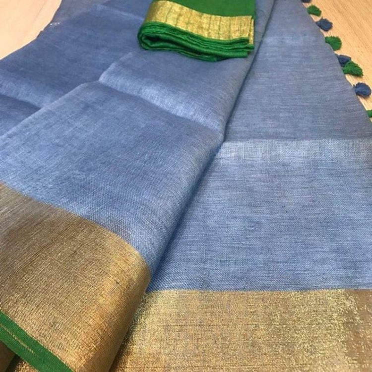 Blueish shade handwoven Linen Saree with Golden zari border