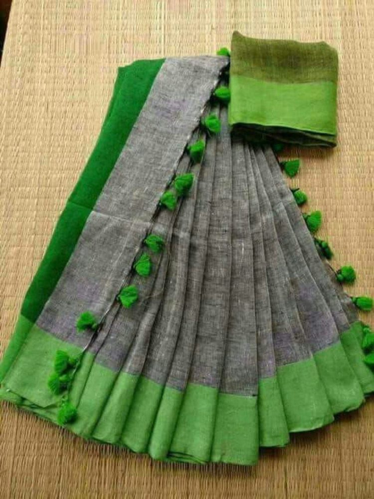 Slate Grey handwoven Linen saree with contrast Green Border and Pallu