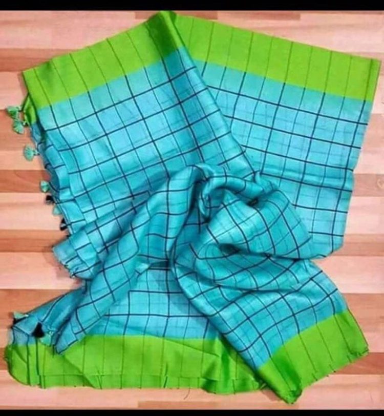 Sky Blue Checked handwoven Linen saree with Green Border