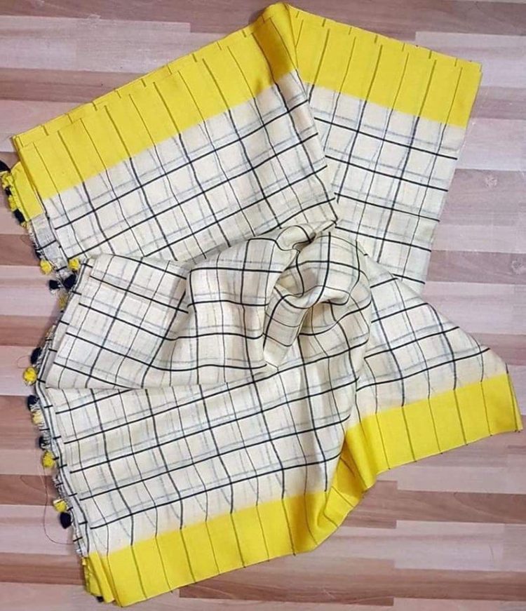 Off White Checked handwoven Linen saree with contrast Yellow Border