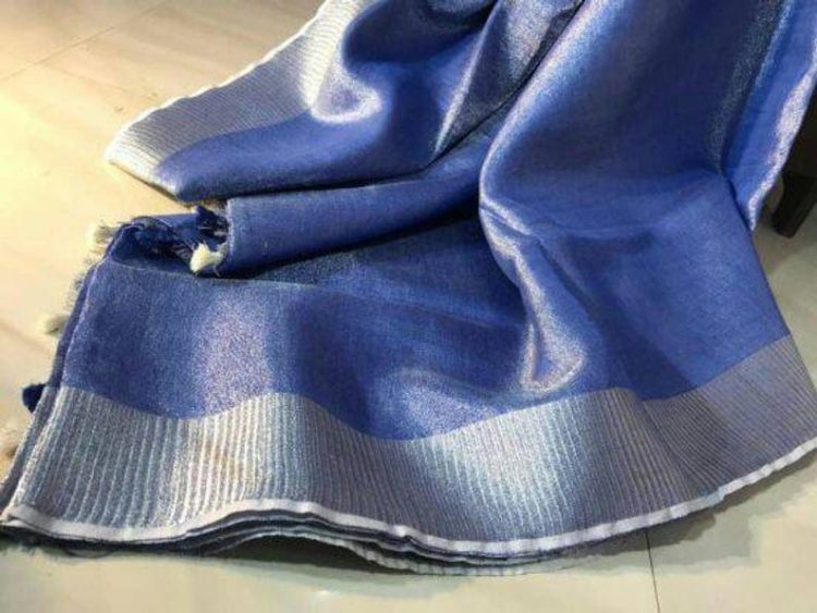 Dark Blue handwoven Tissue Linen Saree with Silver Zari Border