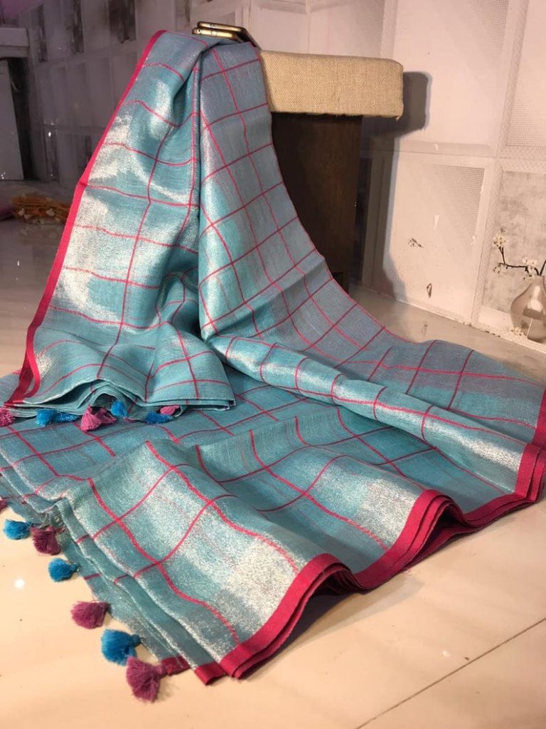 Ocean Blue Checked handwoven Tissue Linen Saree with Pink Border