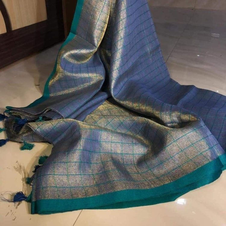 Grey Checked Handwoven Tissue Linen Saree with Peacock Blue Border