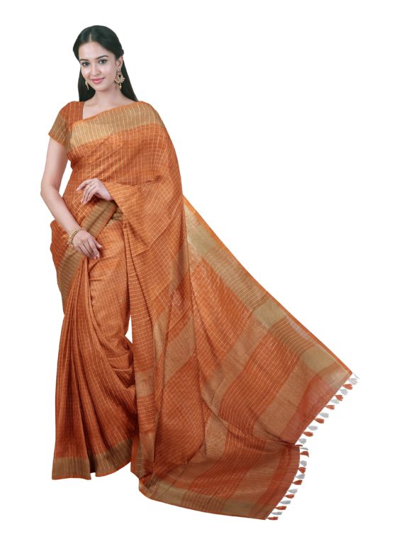 Orange linen checks sarees