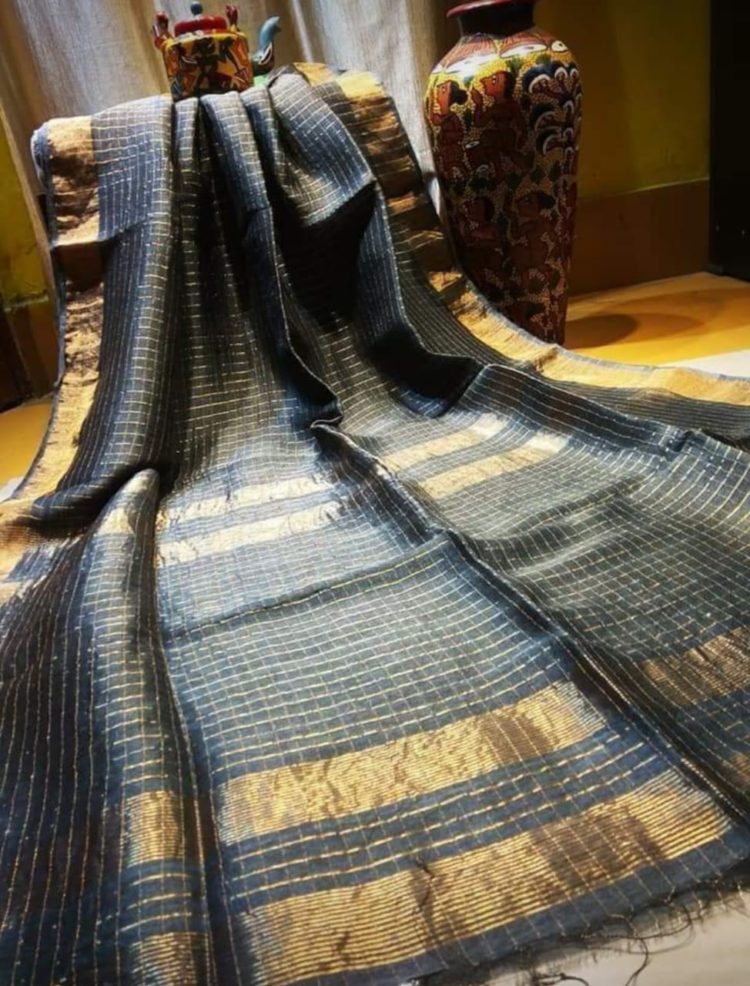 Grey Linen Check Sarees