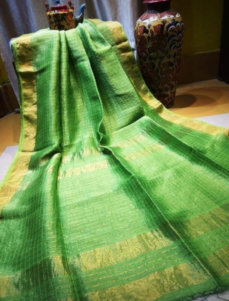 Green Linen Check Sarees