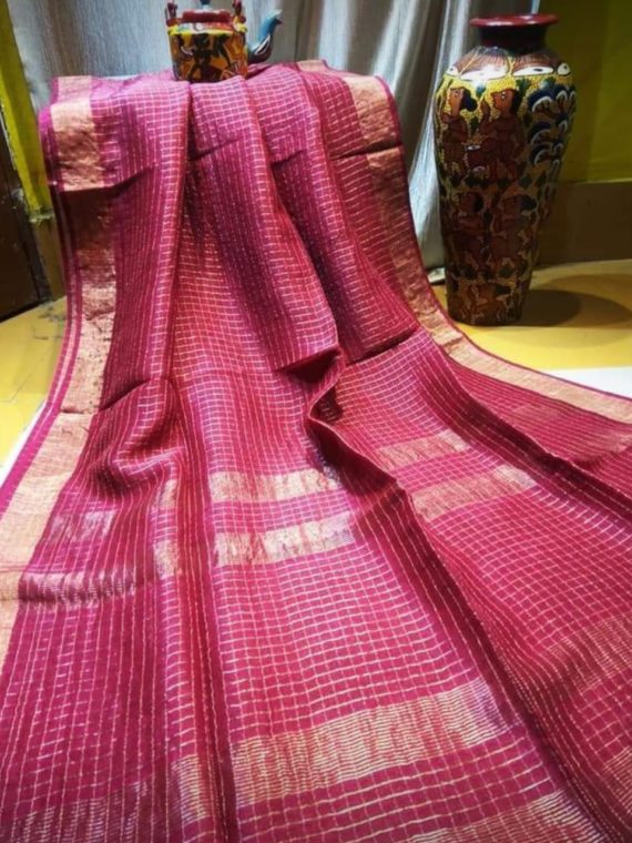 Dark Pink Linen Check Sarees