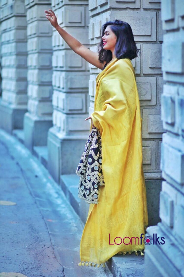 handwoven golden tissue linen sari