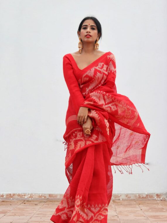 Red Dhakai Linen Saree with Jacquard design3