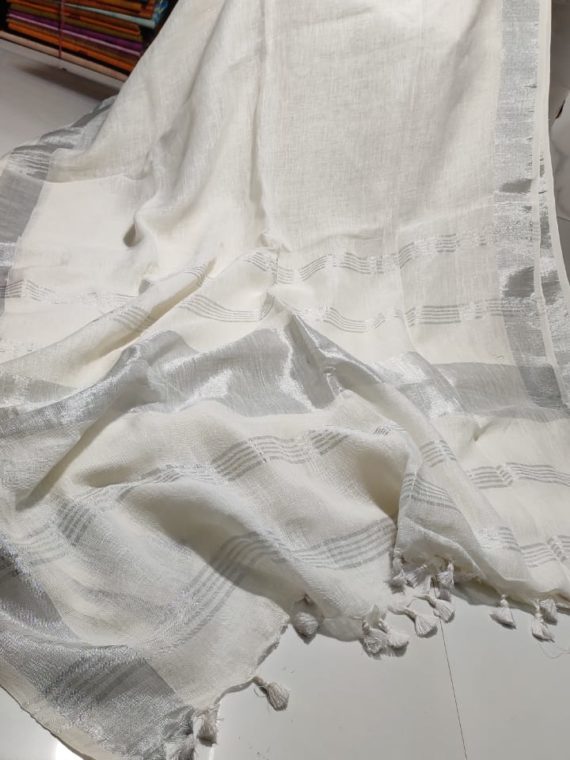 Milky White plain Linen Saree with Silver Border