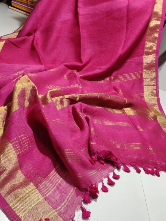 Pink plain Linen Saree with Golden Border