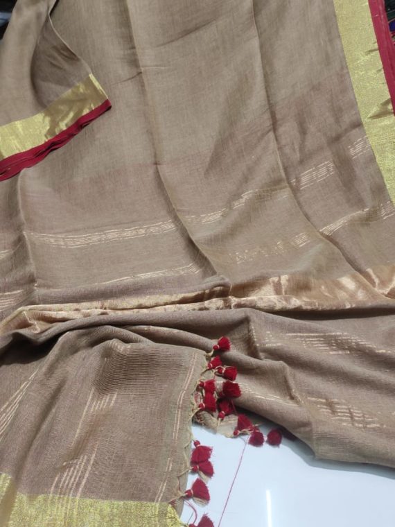 Light Brown plain Linen Saree with Golden and Red Border