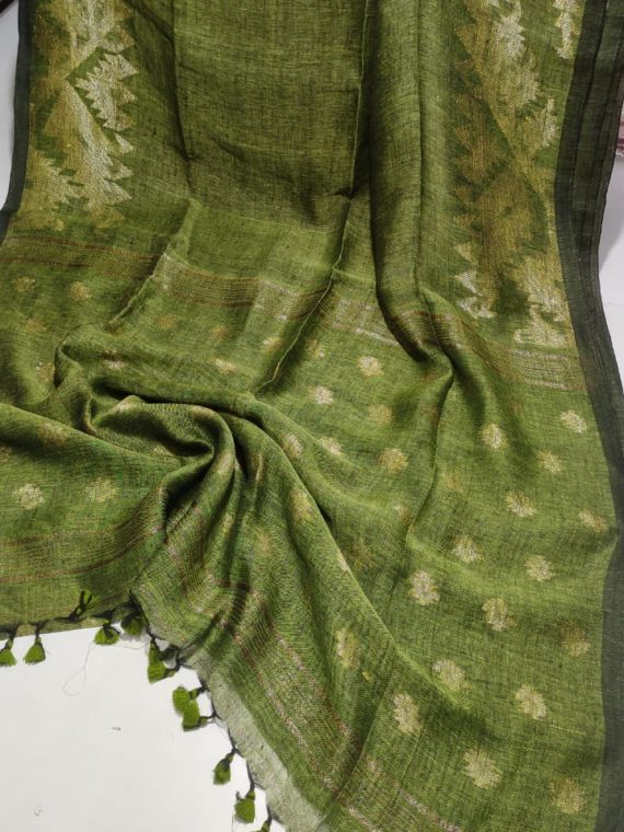 Mehendi Green Dakai Linen Saree with Jacquard design