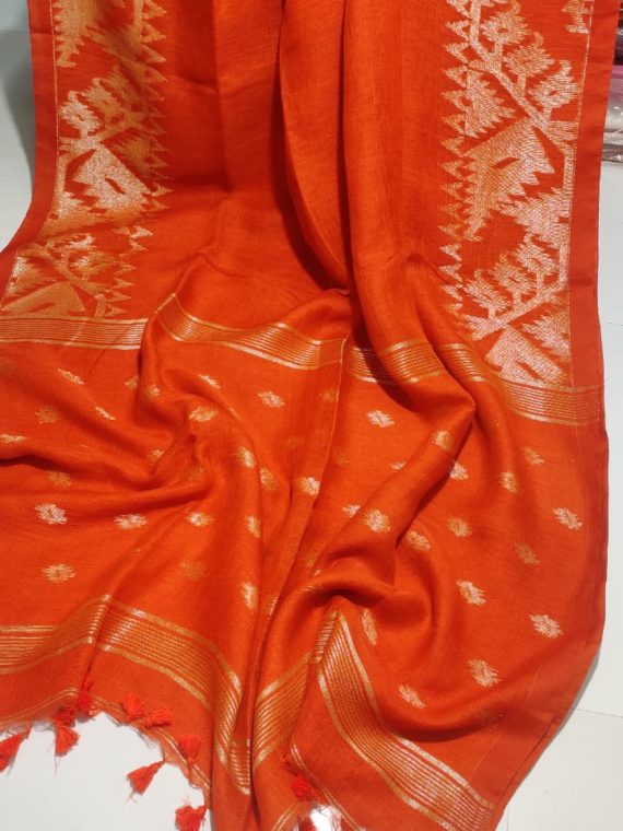 Orange Dakai Linen Saree