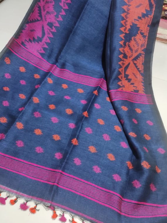 Teal Blue Dakai Linen Saree with Jacquard design