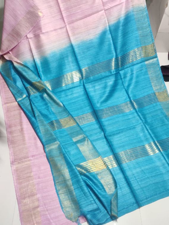 Baby-Pink-Tussar-Giccha-Saree-with-Contrast-Sky-Blue-Zari-Pallu