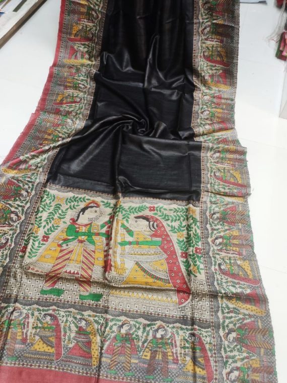 Black-Tussar-Silk-Saree-with-Madhubani-Print