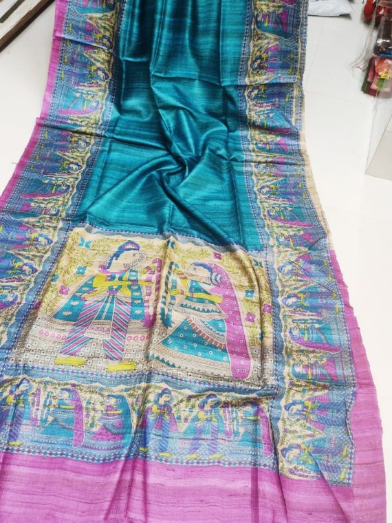 Blue-Tussar-Silk-Saree-wtih-Madhubani-Print
