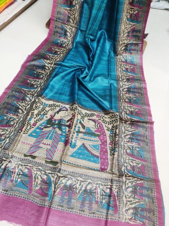 Blueish-shade-Tussar-Silk-Saree-with-Madhubani-Print