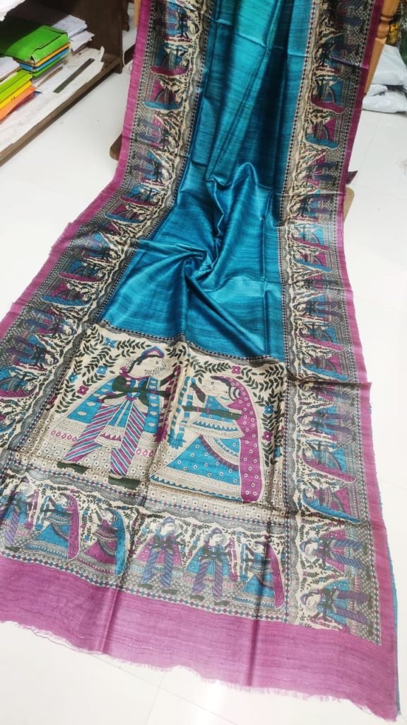 Silkmark Tussar Poised Madhubani Blue & Brown Saree