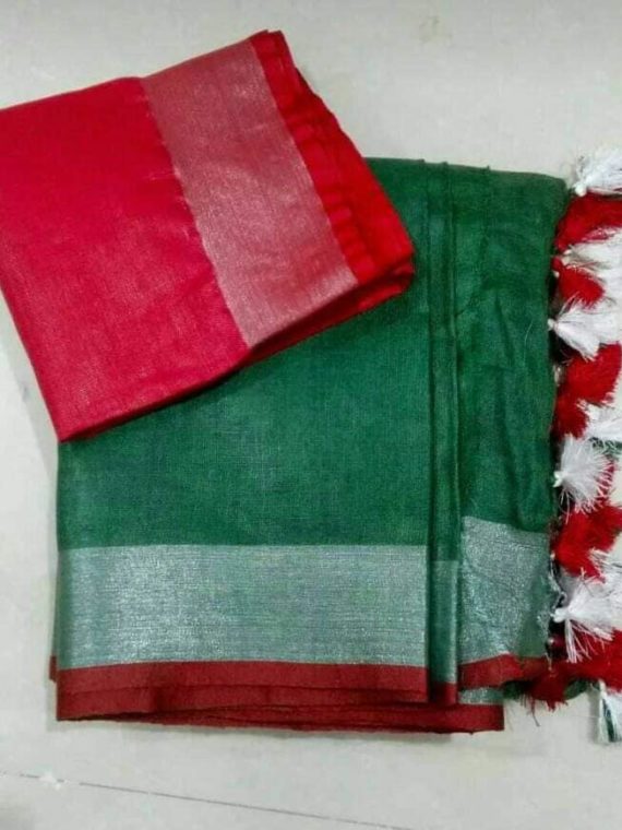 Bottle-Green-Plain-Linen-Saree-with-Silver-Red-Border