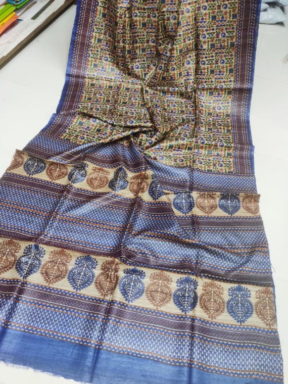 Cream-Tussar-Silk-Saree-with-blue-border